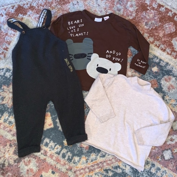 Zara Baby Boy Knit Bundle Overalls Mock Neck Sweater and Top Size 12-24 Mos - Picture 1 of 8